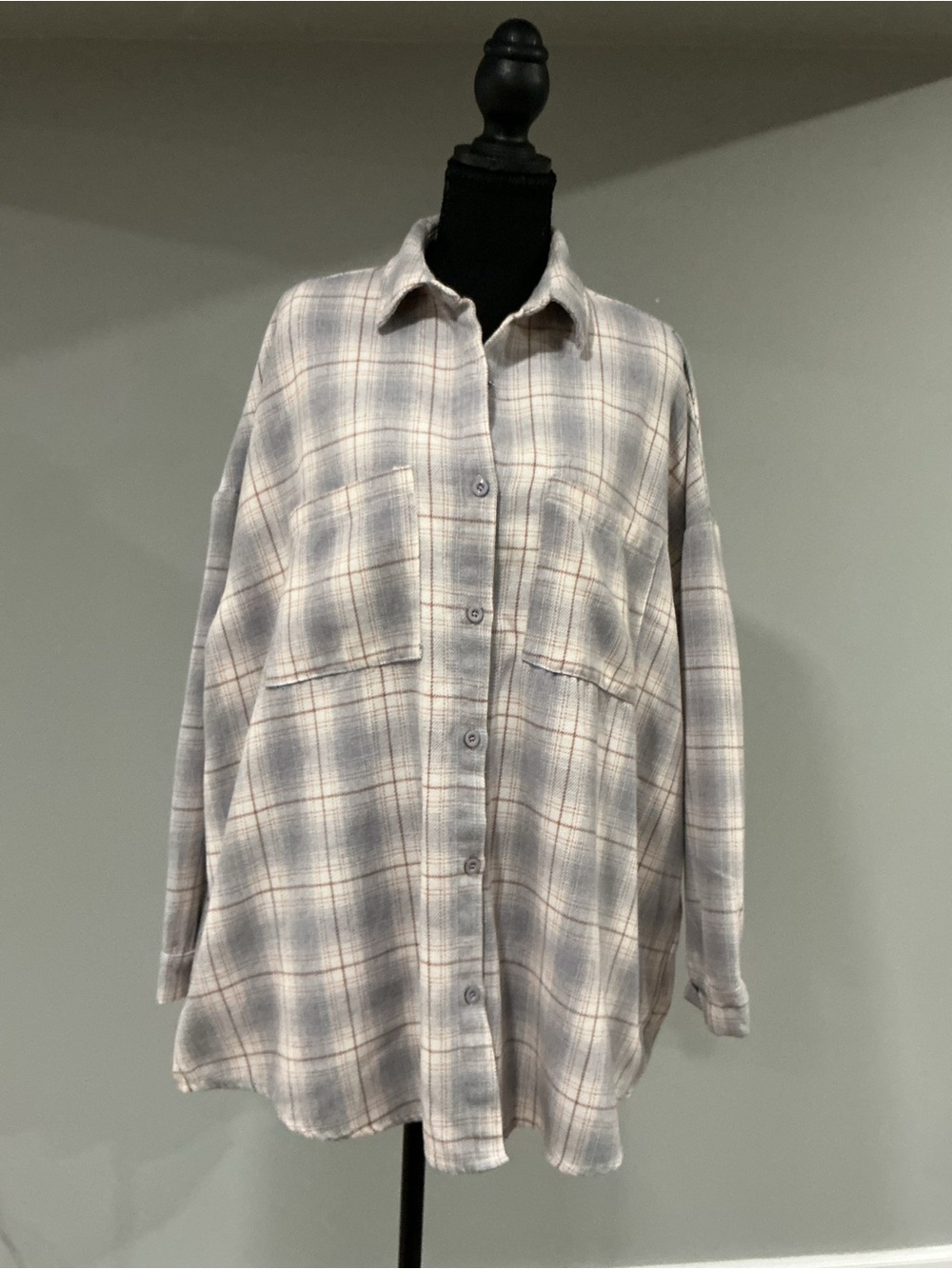 Boohoo Oversized Plaid Button-Down Shirt Jacket in Light Gray and Cream